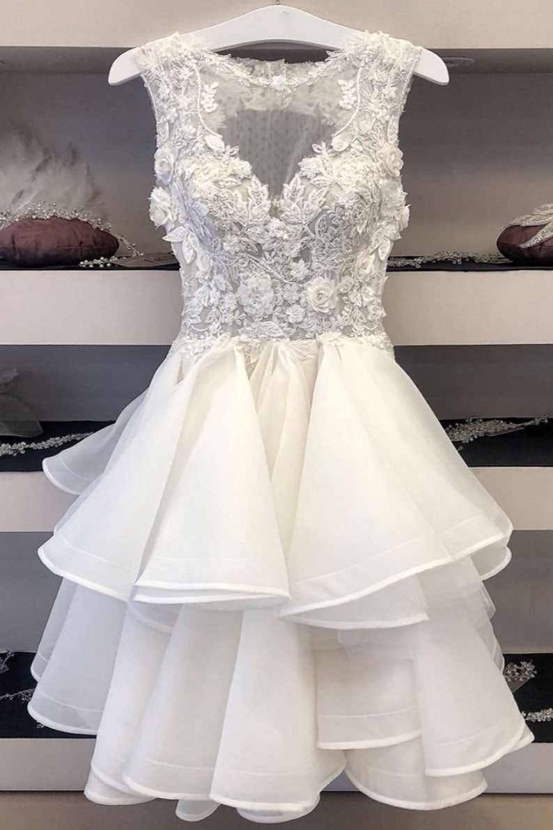 Cute white tulle lace short prom dress ...